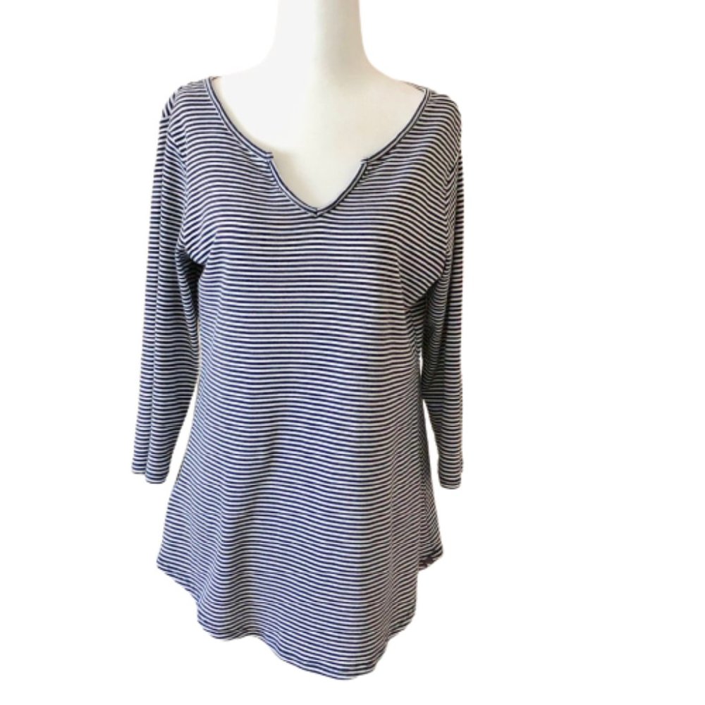 EDDIE BAUER Navy/White Striped Top Tunic Cotton Knit 3/4 Sleeve V-Neck Large